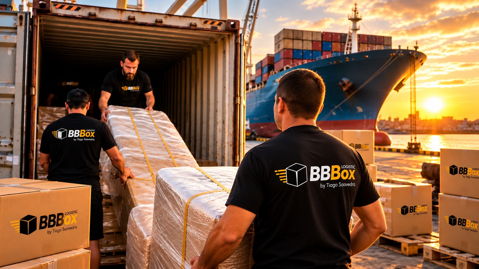 Equipe da BBBox Logistic em uniforme preto carregando mudanças de um contêiner no porto, ao pôr do sol